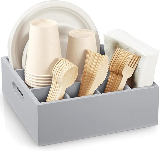 Gray Wood Utensil Holder for Party - Paper Plate Organizer for Countertop - Silverware Caddy with 6 Compartments for Plate Cup Fork Spoon - Cutlery Holder for Kitchen Camping Buffet