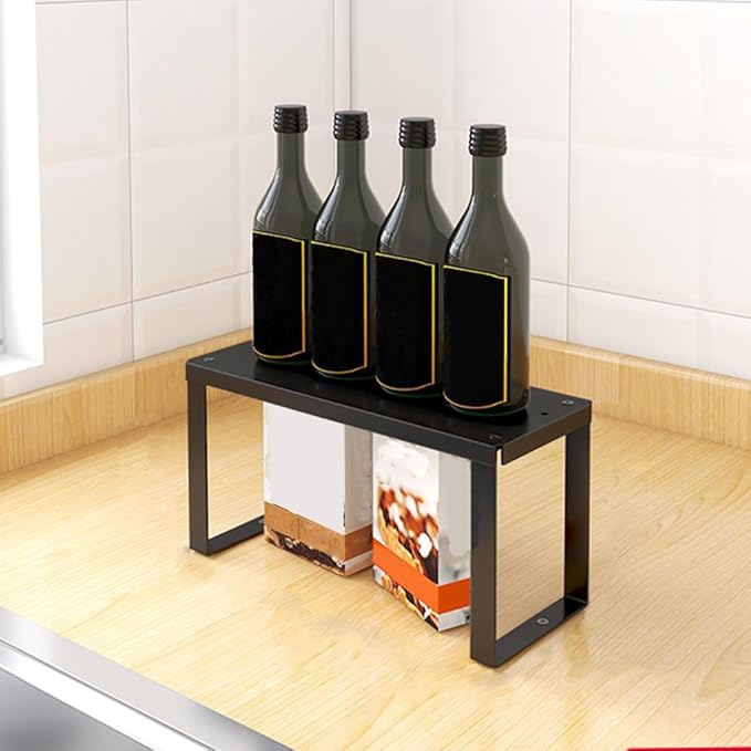 Stackable Cabinet Shelf Organizer Counter Storage Spice Rack Metal Space Saving for Kitchen Pantry Cupboard Countertop Bathroom Bedroom Under Sink Office, Black - Small