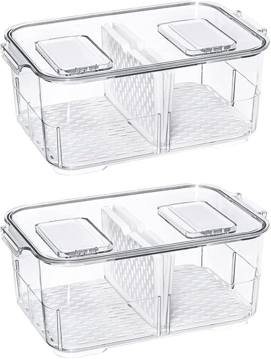 Produce Saver Lettuce Container, Refrigerator Organizer Bins Fridge Food Storage Containers with Lids and Removable Drain Tray for Freezer Cabinet Kitchen Organization 2800ML -2 Pack