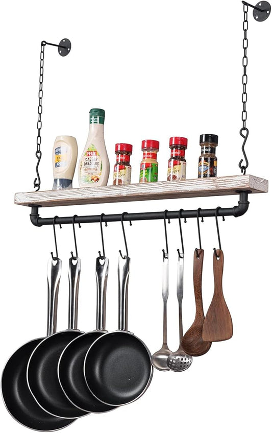 MyGift 30 Inch Ceiling or Wall Mounted Pot Rack with Shabby White Washed Solid Wood Shelf and Industrial Matte Black Metal Pipe, Hanging Cookware Utensils Organizer with 8 S-Hooks