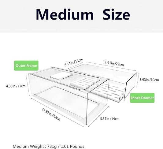 Refrigerator Organizers and Storage Drawer, Stackable Fruit Storage Containers for Fridge, Reusable Fridge Organizer fit for Kitchen Refrigerator and Restaurant Freezer (2 Drawers, Medium)