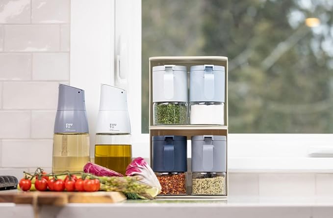 Zuutii Glass Spice Jars Moisture-Proof Spice Containers with Spoons,10oz Salt Bottles, Mini Seasoning Storage Jars with Flapper Caps for Sugar, Peppers, Chili in Kitchen (Light Blue)
