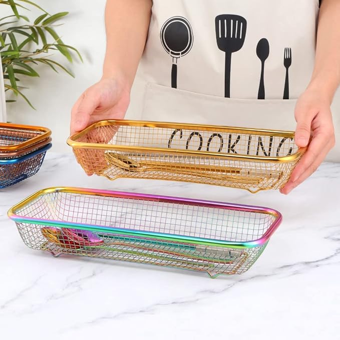 Kitchen Flatware Drawer Organizer, 2pcs Stackable Mesh Cabinet Storage Basket, Stainless Steel Kitchen Utensils Filter Drying Rack Holder for Knives, Fork, Spoon Chopsticks (Black)