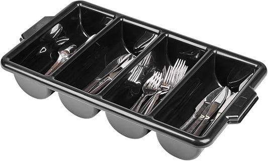 Restaurantware-21.9 x 14.2 x 3.5 Inch Silverware Organizer, 1 Crack-Resistant Cutlery Tray - 4 Compartments, Built-In Handles, Black Plastic Utensils Drawer Holder, For Kitchen Organization