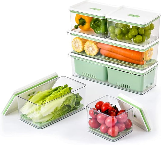 Lille Home Stackable Produce Saver, Organizer Bins/Storage Containers with Removable Drain Tray, Set of Six, for Refrigerators, Cabinets, Countertops and Pantry, BPA Free (Set of Six)
