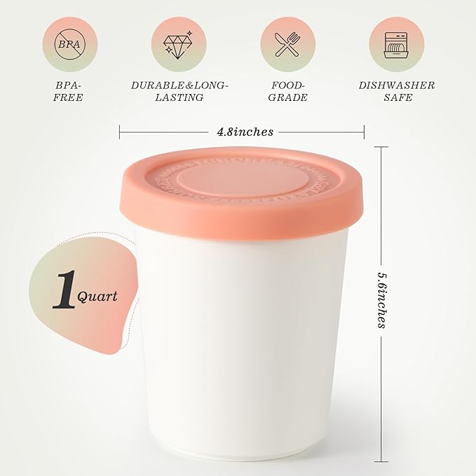 Set of 4 Ice Cream Containers for Homemade Ice Cream（1 Quart Each），Reusable Plastic Storage Containers Cups with Lids for Freezer，Stackable Storage Container for Gelato，Yogurt, Sorbet
