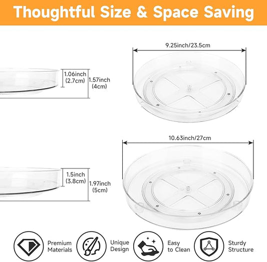 YXT&BEYOND 2 Pack Acrylic Lazy Susan Organizer, 9.25+10.6 Inch Lazy Susan Clear Turntable for Cabinet, 360° Rotating Spice Rack for Kitchen, Cupboard, Pantry, Fridge, Countertop, Bathroom, Table