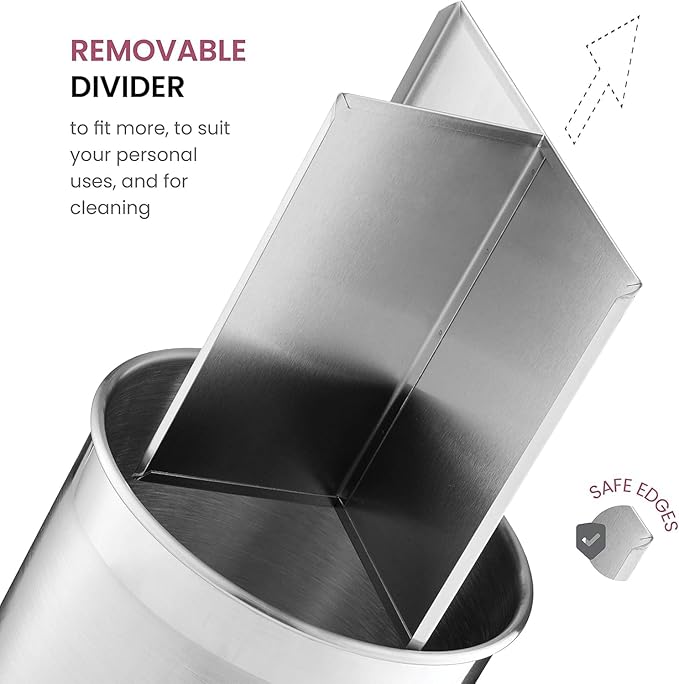 Stainless Steel Rotating Utensil Holder with Weighted Base for Stability, Kitchen Utensil Caddy with Removable Divider, Large Cooking Utensil Holder for Kitchen Counter