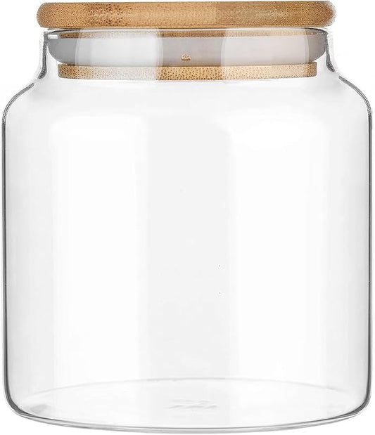 17.6 fl oz Glass Storage Containers With Lids, Candy Jar, Food Storage for Kitchen Counter, Pantry, Decorative Container for Coffee, Sugar, Tea, Cute Glass Jar (Bamboo 17.6 FL OZ)