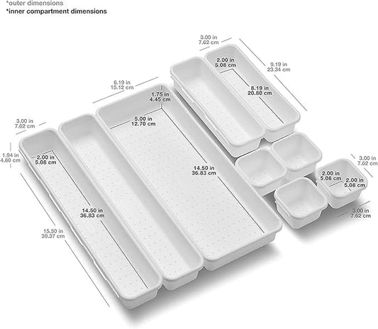 Madesmart 9-Piece Interlocking Bin Pack for Drawer Organization, Plastic Interlocking Junk Drawer Organizer Tray, White