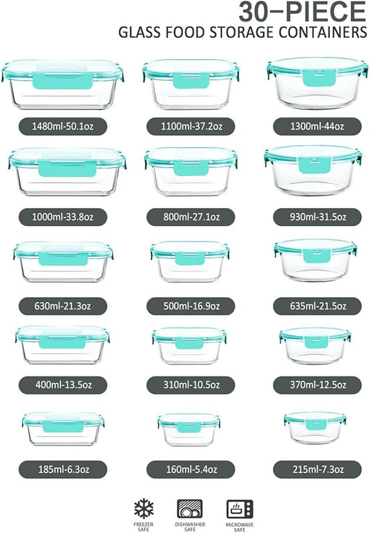 M MCIRCO 30 Pieces Glass Food Storage Containers with Upgraded Snap Locking Lids,Glass Meal Prep Set - Airtight Lunch Containers, Microwave, Oven, Freezer and Dishwasher Friendly (Green)