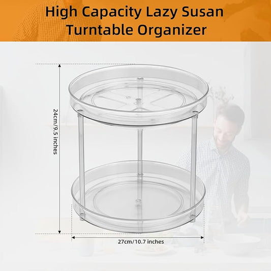 2 Tier Lazy Susan Organizer, 11 Inch Clear Lazy Susan Turntable for Cabinet, Pantry Organization and Storage, Spice Rack for Bathroom, Kitchen, Vanity, Makeup Organizer, Fridge(2 Tier)