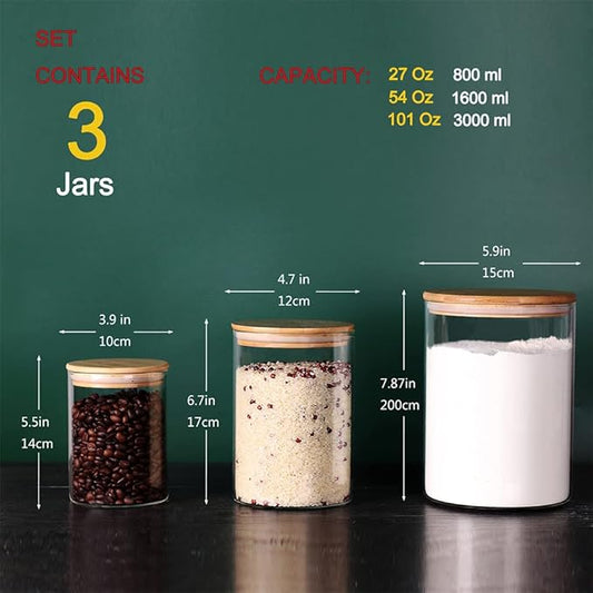 Glass Containers, Set of 3 Airtight Glass Canisters for Flour, Sugar, Rice, Salt (100 OZ/54 OZ/27 OZ)