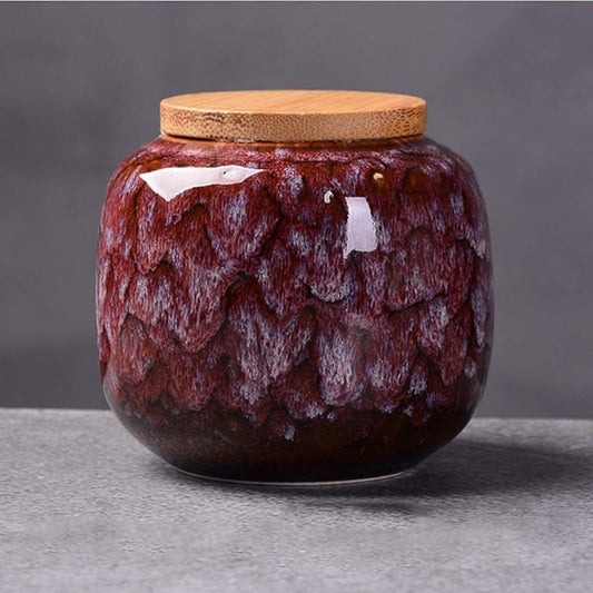 YYW Ceramics Tea Caddies Sugar Bowl Cereal Containers Storage Jars with Airtight Bamboo Lid for Food Storage Candy Cookie Buffet Coffee Oatmeal Tea Sugar Container (Rogue red carmine)