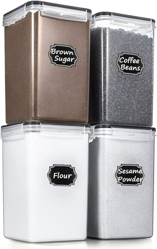 Wildone Extra Large Tall Airtight Food Storage Containers 6.5L/ 5.9QT, Plastic BPA Free Kitchen Pantry Storage Containers 4 Pieces for Flour, Sugar, Rice, with 20 Labels & 1 Marker, Black
