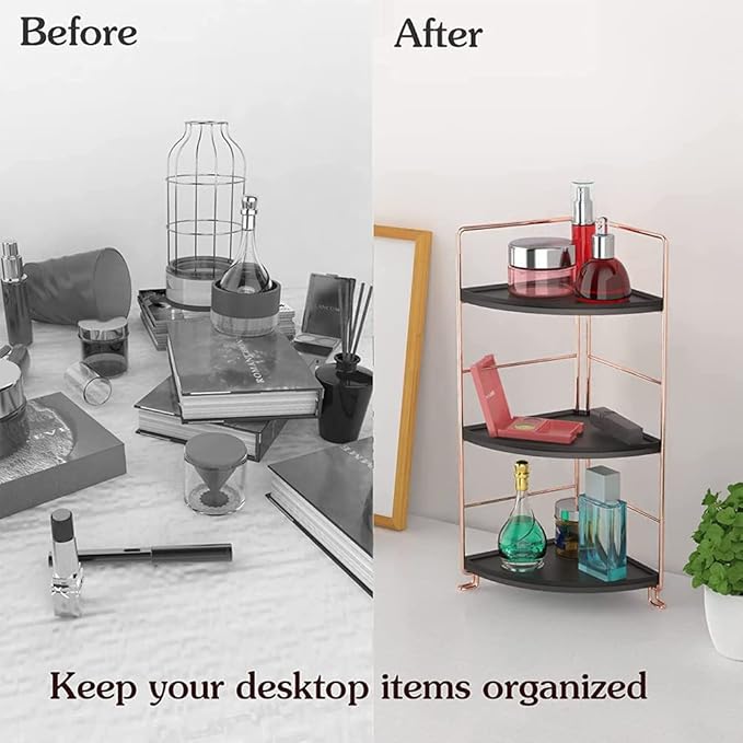 3-Tier Bathroom Countertop Organizer, Vanity Tray Cosmetic & Makeup Storage, Kitchen Spice Rack Standing Shelf, Corner Storage Shelf, Black & Rose Gold