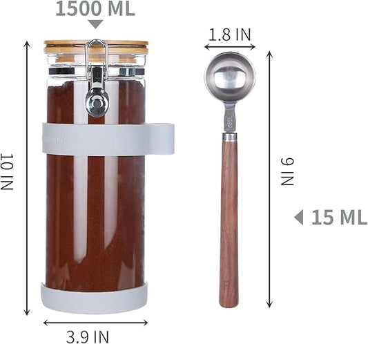 KKC HOME ACCENTS Airtight Glass Coffee Beans Storage Container with Scoop for Ground Coffee or Beans,Air Tight Sealed Glass Jar Canister with Clamp Lid for Loose Tea,Brown Sugar,Nut,50 Fluid Ounce
