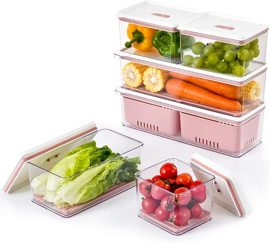 Lille Home Stackable Produce Saver, Organizer Bins/Storage Containers with Removable Drain Tray, Set of Six, for Refrigerators, Cabinets, Countertops and Pantry, BPA Free (Pink,Set of Six)
