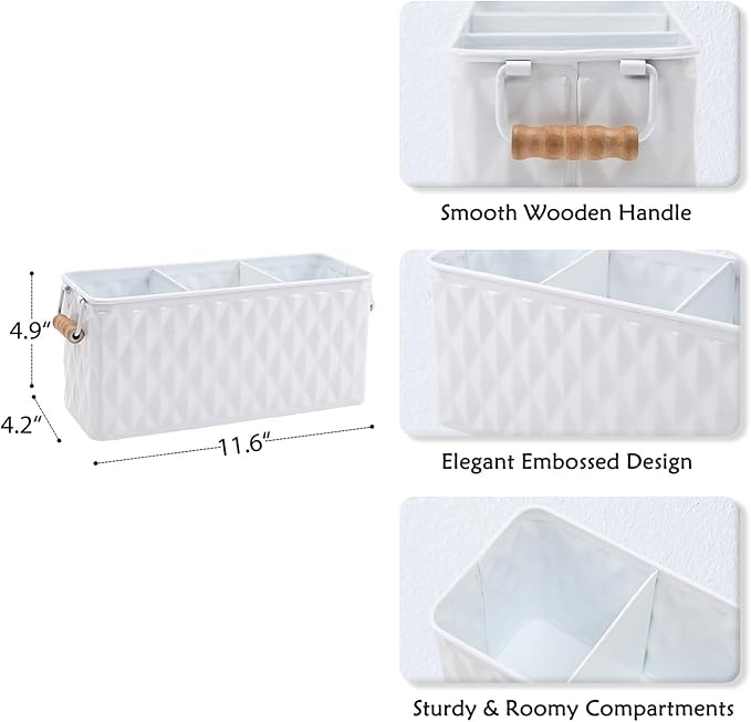 NIKKY HOME Farmhouse White Silverware Organizer with 3 Compartments Cutlery Caddy Kitchen Countertop Flatware Holder for Utensil, Spoons, Knives, Forks, Rhombic Embossed Pattern