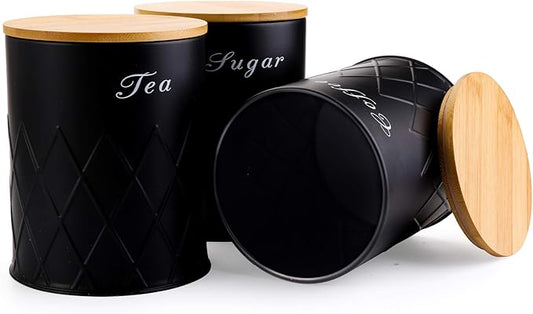 Fasmov 3 Pack Kitchen Canister Set, Coffee, Sugar, and Tea Storage Container Jars with Bamboo Lids for storing Sugar, Coffee and Tea, Black