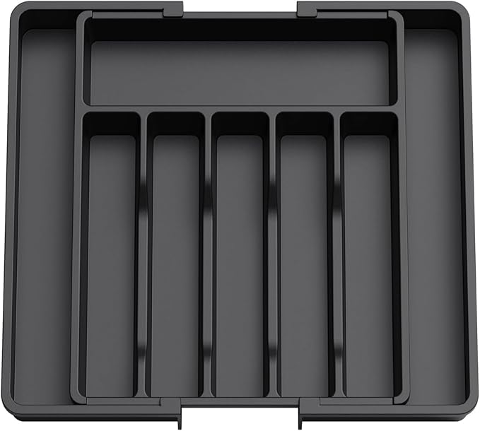 silverware drawer organizer, expandable silverware storage, utensil organizer, durable plastic cutlery storage box for forks, spoons, and knives - kitchen essentials for new home (black)