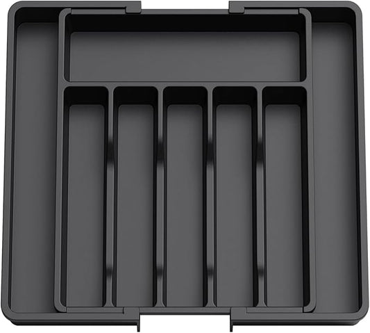 silverware drawer organizer, expandable silverware storage, utensil organizer, durable plastic cutlery storage box for forks, spoons, and knives - kitchen essentials for new home (black)
