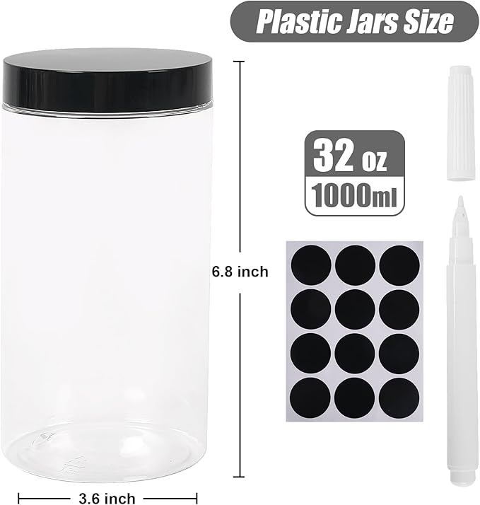 12 Pack 32 oz Plastic Storage with Lids,Airtight Clear Reusable Food Storage Jars for Kitchen Pantry Organization,BPA-Free Dry Food Canisters(Transparent)
