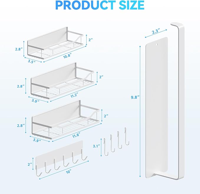 Magnetic Spice Rack for Refrigerator, 5 Pack Metal Strong Magnetic Shelf for Oven，Moveable Spice Organizer with Paper Towel Holder and Metal Hooks, Fridge Organizers and Kitchen Storage (White)