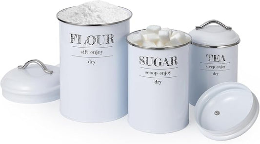 GarveeHome 3 Pcs Flour Sugar Tea Canister Set, Vintage Food Sealed Storage Jars with Airtight Lids, Rustic Metal Kitchen Canisters Set for Flour, Sugar, Tea, for Countertop Farmhouse Decor, White
