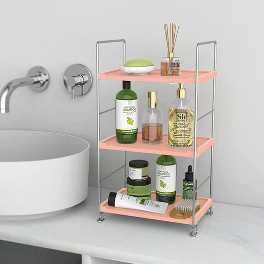 Cosmetic Storage Rack for Bathroom Countertop, 3-Tier Standing Shelf for Kitchen Organizer, Stackage Perfume and Bath Collection Organizer Tray (Pink&Silver)