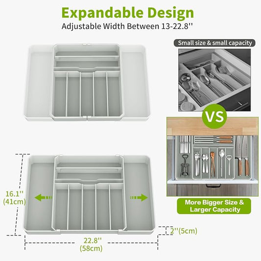 Silverware Drawer Organizer, Expandable Kitchen Utensil Organizer, Larger Capacity Flatware and Cutlery Tray, Multi-Purpose Drawer Storage for Kitchen, Dressing Table, Office, Bathroom, (Grey)