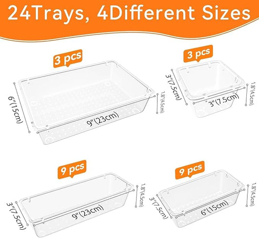 WOWBOX 24 PCS Clear Plastic Drawer Organizer Set, 4 Sizes Desk Drawer Organization and Storage Containers for Makeup, Cosmetics, Jewelry and Gadgets in Kitchen, Bathroom, Bedroom, Office, Clear