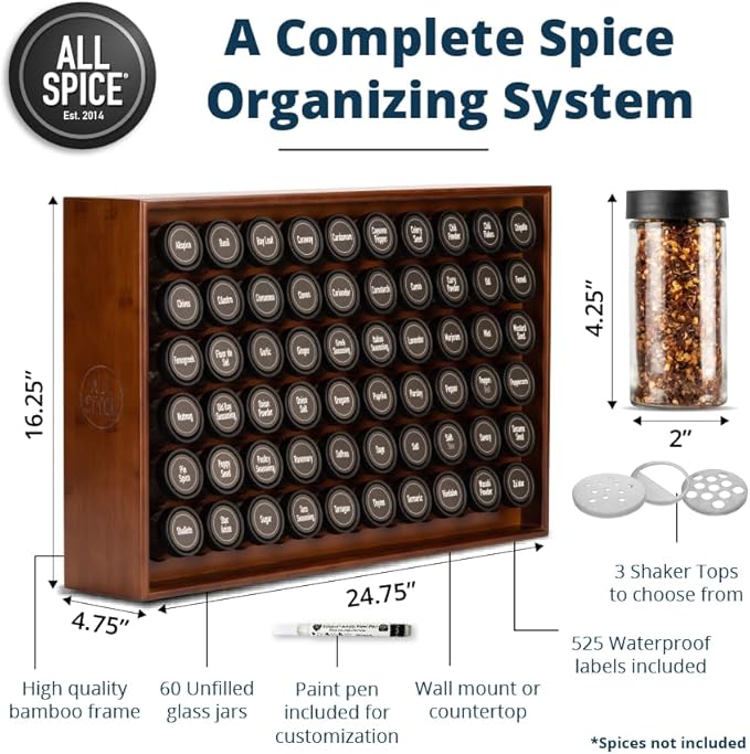 AllSpice Wood Spice Rack Organizer, 525 Unique Labels, Countertop or Wall Mount, Includes 60 4oz Jars- Walnut Stain