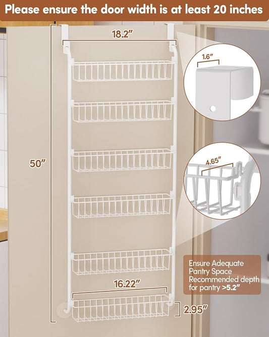 LAMU Over The Door Pantry Organizers and Storage, 6-Tier Hanging Spice Rack, Home & Kitchen Storage Shelves for Cabinet, Large Capacity Seasoning Organizer, Laundry Room Organization, White