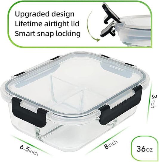 DAS TRUST 3 Pack Bento Box Glass Meal Prep Containers 3 Compartment Glass Food Storage Containers with Lids Meal Prep Bowls Lunch Box Food Prep