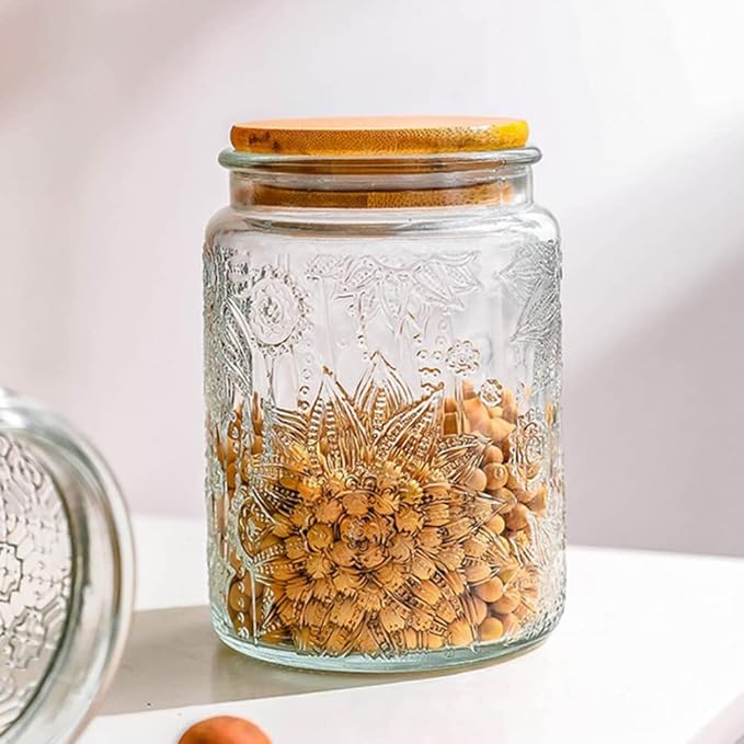 ANSQU Set of 2 Vintage Glass Storage Jars, Glass Food Storage Containers(25.3oz/23.7oz), Candy Jars with Lids for Kitchen Coffee, Tea, Cookie, Sugar, Bath Salts, Cute Jar