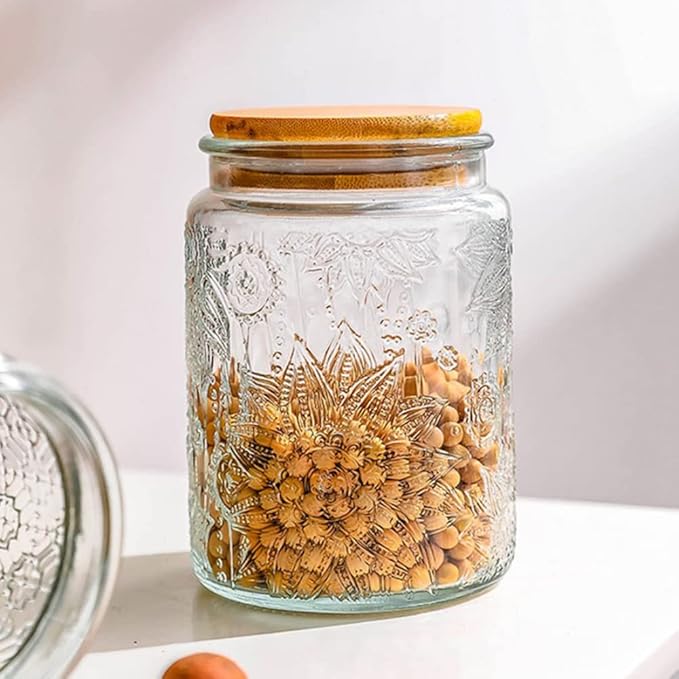 ANSQU 2 Pack Vintage Glass Storage Jar, 23.7 FL OZ Glass Food Storage Containers with Bamboo Lid, Candy Jars with Lids for Kitchen Counter, Pantry, Coffee, Tea, Sugar