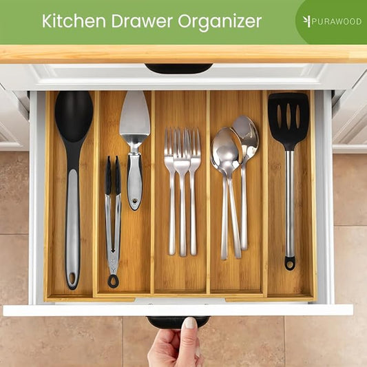 Purawood Kitchen Drawer Organizer, 2 Pack - Expandable Utensil Drawer Organizer for Kitchen, Cutlery Tray & Silverware Organizer, 3-5 Slots - Bamboo Organizer for Utensils & Flatware (Natural)