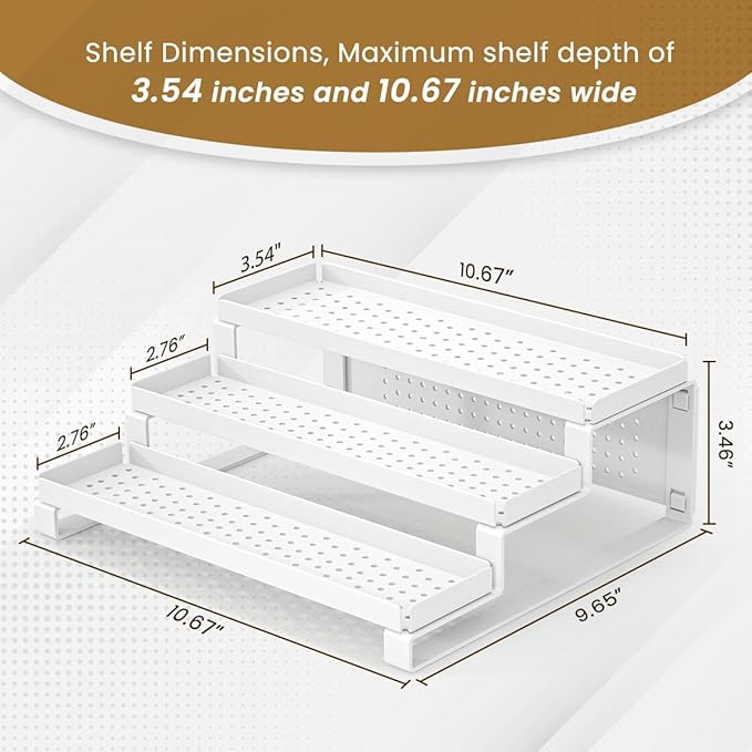 3-Tiered Shelf Organizer, Sturdy Countertop Spice Rack for Cabinet, Metal Rustproof Spice Storage Holder, Step Spice Shelf Kitchen Cupboard Pantry Seasoning Rack,White