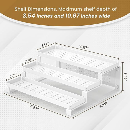 3-Tiered Shelf Organizer, Sturdy Countertop Spice Rack for Cabinet, Metal Rustproof Spice Storage Holder, Step Spice Shelf Kitchen Cupboard Pantry Seasoning Rack,White