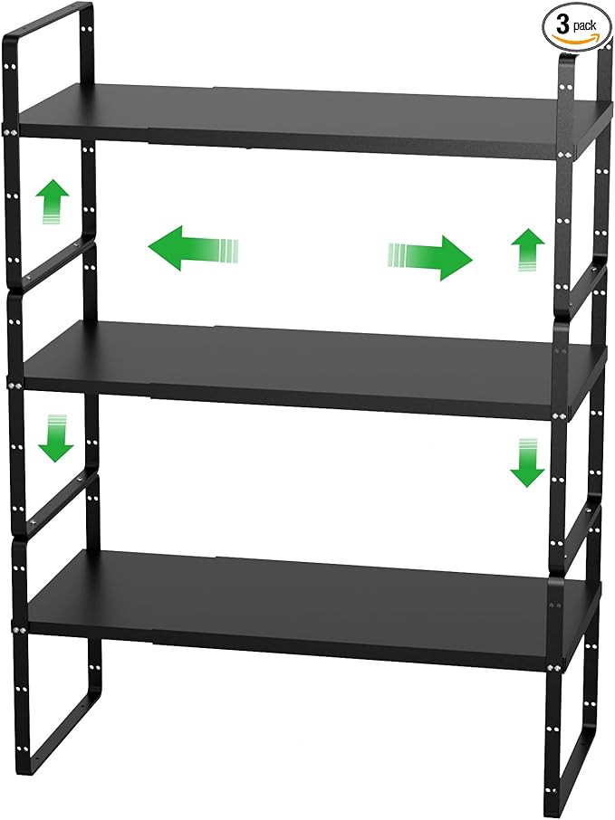 Cabinet Organizer Shelf Expandable Cabinet Spice Rack Stackable Pantry Counter Under Sink Shelves Storage Shelf Rack for Kitchen Home Office,3 Packs,10.24" D,Black