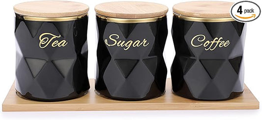 JUXYES Ceramic Canisters Set for Sugar Coffee Tea, Luxurious Storage Containers Set with Lids Decorative Storage Pots Black Storage Jar for Kitchen Counter Dining Room