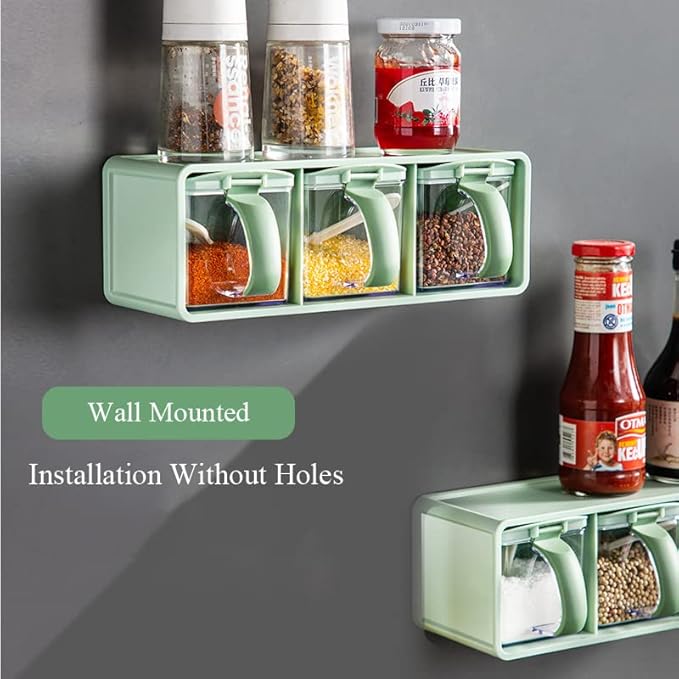 3-Grids Seasoning Box with Tray, Salt Container, Hanging Wall Spice Rack, Kitchen Spice Pot with Spoon, Salt Pepper Sugar Storage Container Jar Cruet for Counter, White