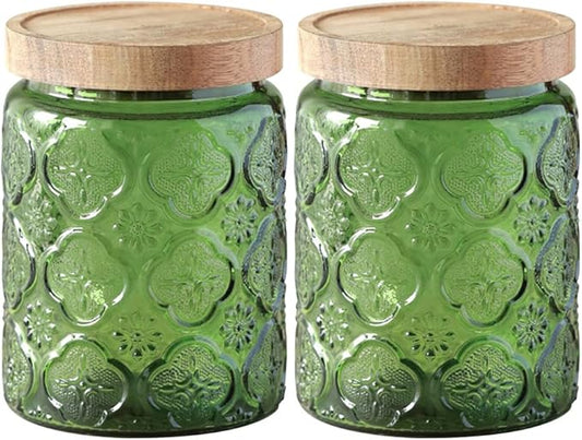 Vintage Glass Jar with Lid,Cookie Candy Jar Coffee Canister Food Storage Containers Storage Jar Set for Kitchen Office (Green birchapple flowers - acacia)