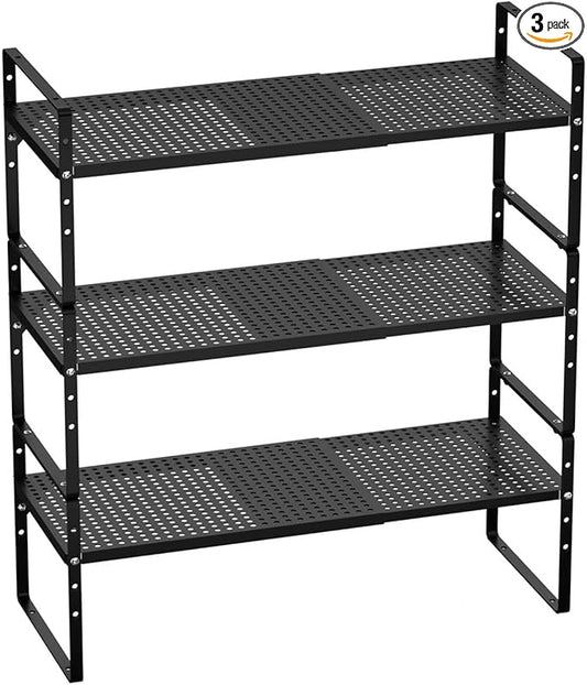 Cabinet Shelf Organizer Expandable Spice Rack Stackable Countertop Organizer Under Sink Shelves Inside Cabinet Storage Shelf Rack for Kitchen Bathroom Home Office,Black,3 Packs