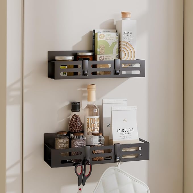 2 Pack Magnetic Spice Rack for Refrigerator, Black Magnetic Shelf and Fridge Kitchen Cabinet Organizers Storage Seasoning Organization Mini Shelves, Organizadores de Cocina