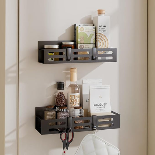 2 Pack Magnetic Spice Rack for Refrigerator, Black Magnetic Shelf and Fridge Kitchen Cabinet Organizers Storage Seasoning Organization Mini Shelves, Organizadores de Cocina