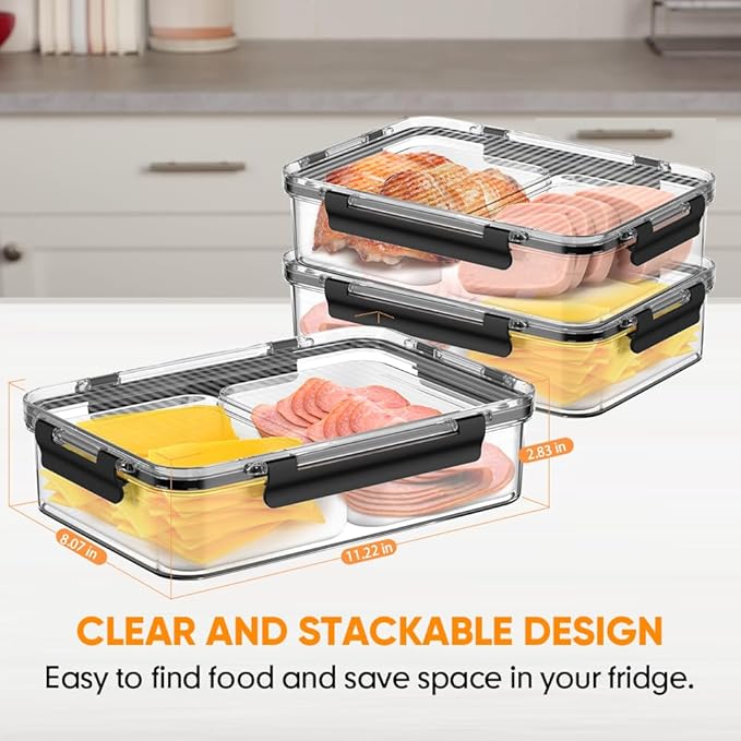 Deli Meat Container for Fridge Organizers and Storage, Ham and Cheese Container for Fridge, 11 Inches Long Lunch Meat Container for Refrigerator, 2 Compartment Snack Containers with Clear Lid