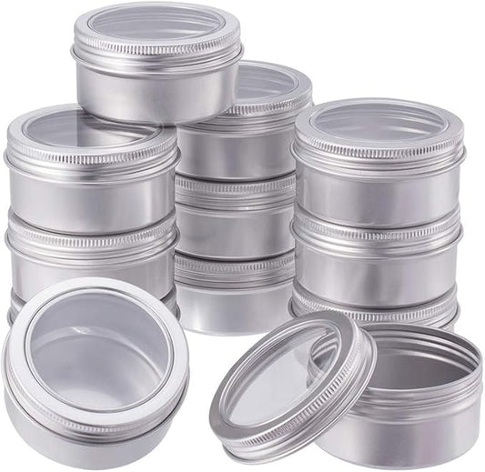 BENECREAT 12 Pack 2.7 OZ Tin Cans Screw Top Round Aluminum Cans Screw Lid Containers with Clear Window - Great for Store Spices, Candies, Tea or Gift Giving (Platinum)