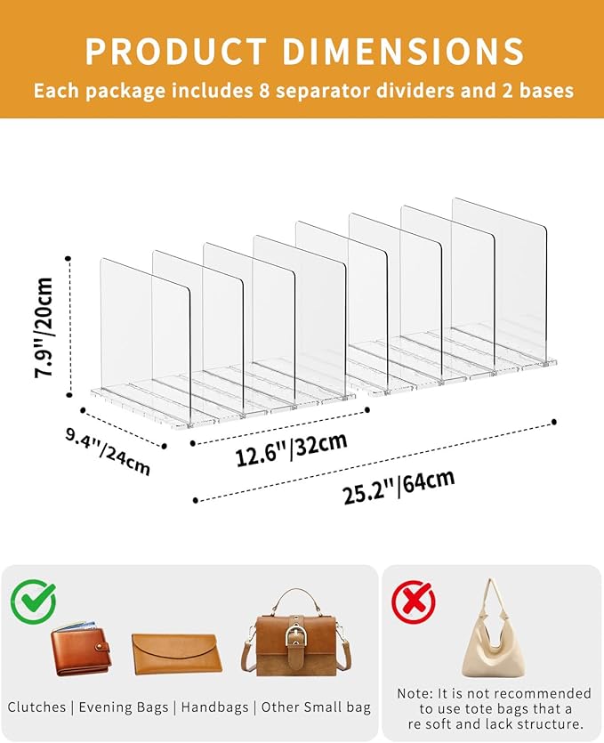2 Pack Adjustable Clear Shelf Dividers for Closet, Acrylic Purse Organizer for Closet, Handbag Storage Organizer Bookshelf Separator Dividers in Bedroom, Office